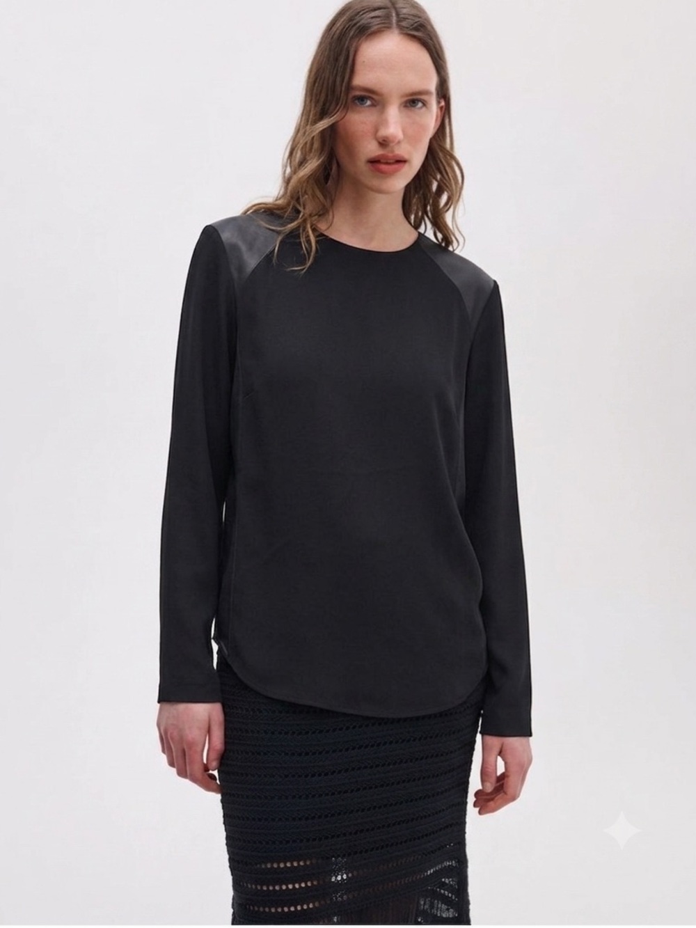 016 RAG AND BONE Women's Silk Blend Leather Shoulder LS Blouse - Black, Large